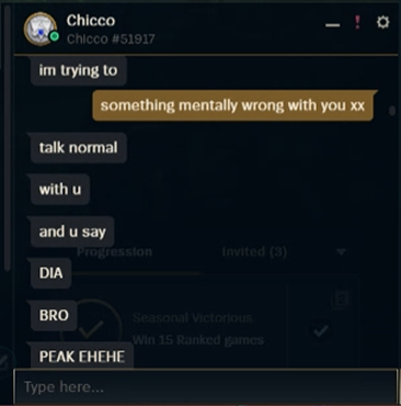 cheifcaptain's tweet photo. @SoloQExposed 
Found this guy in soloq who claims he is challenger, and links his main elegance#222 and is playing on a plat account Chicco#51917. Says he is a booster and doesn't have a main account maybe @RiotSupport can do something about this. https://t.co/BkaJoKH7V1