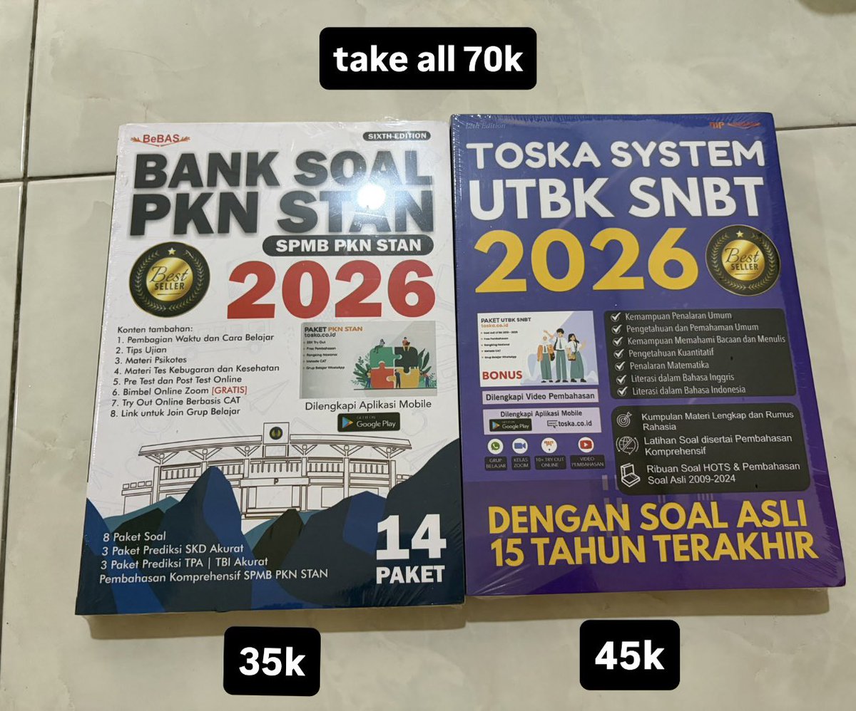 mydearestcousin's tweet photo. wts sealed bukan preloved ya

- bank soal pkn stan 2026 (35k)
- toska system utbk snbt 2026 (45k)
take all 70k

dom bekasi, bisa oren https://t.co/22aoklA7Y4