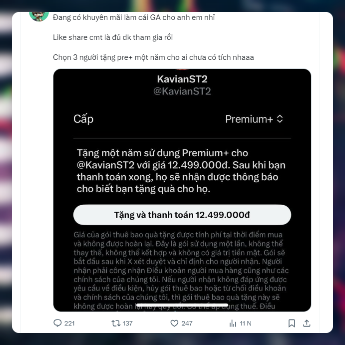 solotop999's tweet photo. Đang có cái tricks lỏ đăng kí đc pre+ rẻ hoặc miễn phí gì đấy, thấy mấy ae mang bán rẻ với tặng tùm lum

Mấy acc này sớm muộn gì cũng bị ban nên ae xin thỳ xin cho acc phụ thôi.

Ae build 𝕏 thì mua hàng chính hãng mà dùng cho an tâm nhé. hehe https://t.co/I3R7SHuWey
