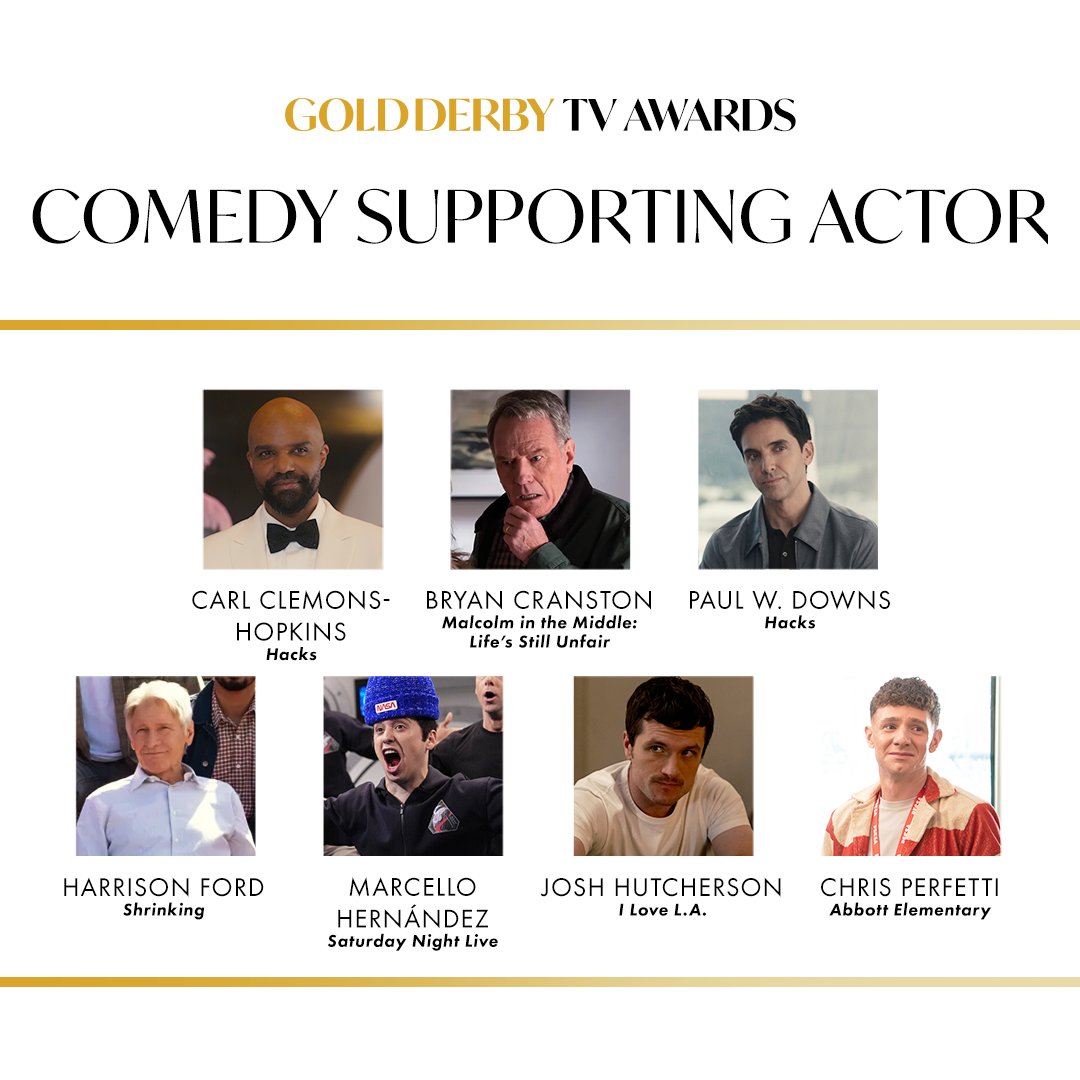 GoldDerby's tweet photo. Your fan-voted nominees for Best Comedy Supporting Actor at the 2026 Gold Derby TV Awards are:
-Carl Clemons-Hopkins, #Hacks
-Bryan Cranston, #MalcolmintheMiddle
-Paul W. Downs, Hacks
-Harrison Ford, #Shrinking
-Marcello Hernández, #SNL
-Josh Hutcherson, #ILoveLA
-Chris Perfetti, #AbbottElementary
Cast your vote for the winner and see all nominees here: https://t.co/FemlcimzaA