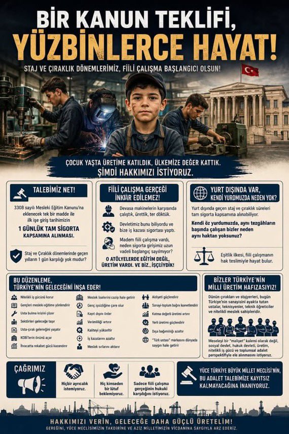 KOCAELi_SCSM's tweet photo. BİR KANUN TEKLİFİ, YÜZBİNLERCE HAYAT!
@TBMMresmi
@Akparti
@MHP_Bilgi
@herkesicinCHP
@iyiparti
@SaadetPartisi
@GelecekPartiTR
@devapartisi
@_DemokratParti
@rprefahpartisi
@anahtarparti
@zaferpartisi
@bbpgenelmerkez
@DSPGenelMerkez
@BTP_Parti
@tipgenelmerkez
Bizler, çocuk yaşlarda üretim hayatına adım atan, atölyelerde, fabrikalarda ve iş yerlerinde fiilen ter döken geçmişin çırak ve stajyerleri olarak, yıllardır çözüme kavuşmasını beklediğimiz önemli bir sosyal güvenlik meselesini bir kez daha saygıyla bilgilerinize sunuyoruz.

Bugüne kadar Türkiye Büyük Millet Meclisi'ne onlarca kanun teklifi sunulmuştur. Bu tekliflerin, siyasetin kendi iç dengeleri ve gelenekleri gereği komisyonlarda bekletildiğini, "bütçe disiplini" veya "eğitim süreci" gibi gerekçelerle yasalaşma imkânı bulamadığını gözlemliyoruz. Ancak bizler, bu gerekçelerin sahadaki hakikat ile örtüşmediğini gördüğümüz için asıl çözüme odaklanmak istiyoruz.

Her kanun teklifinin arkasında yılların emeği, dökülmüş alın teri, bedeli peşin ödenmiş yitip giden bir gençlik var.

O sayfaların ardında yüz binlerce hayat vardır. Çocuk yaşta üretime katılan, ülkesinin sanayisine, ekonomisine ve mesleki gelişimine katkı sunan stajyer  ve  çırakların hikayesi ve yarım kalmış umutları vardır.

Oysa beklenen şey ne büyük bütçeler ne de imkânsız düzenlemelerdir. Beklenen, 3308 sayılı Mesleki Eğitim Kanunu'na eklenecek tek bir maddedir. İlk işe giriş tarihimizin 1 günlük tam sigorta kapsamına alınmasıdır. Staj ve Çıraklık dönemlerinde geçen yılların 1 gün karşılığı yok mudur?

1986 yılında yürürlüğe giren bu yasa ile bizlere, "Artık geleceğiniz güvencede" sözleriyle sigorta girişimiz yapıldı. Sigorta kartlarımız verildi. Ve aradan geçen 40 yılın ardından, verilen o sicil numarası ile hâlâ çalışma hayatına devam ediyoruz. "Geleceğimiz güvencede" ise biz neden özlük haklarımızdan faydalanamıyoruz?

​Bu basit düzenleme aslında tek bir başlığı değil, Türkiye'nin geleceğini inşa eden onlarca temel dinamiği aynı anda harekete geçirecektir. Bir düzenleme düşünün ki; nitelikli iş gücünü koruyacak, gençleri mesleki eğitime yönlendirecek, işletmelerin usta bulma krizini çözecek, sektörleri geleceğe taşıyacak, usta-çırak geleneğini yaşatacak, KOBİ'lerin önünü açacak, ihracatta rekabet gücü kazandıracak, çıraklık okulları ve meslek liselerini cazip hale getirecek, genç işsizliğine çare olacak, kayıt dışını önleyecek, verimliliği artıracak, kaliteyi yükseltecek, iş kazalarını azaltacak, meslek sırlarını aktaracak, aidiyeti güçlendirecek, sanayi-toplum bağını kuvvetlendirecek, katma değerli üretimi artıracak, yerli üretimi güçlendirecek, dışa bağımlılığı azaltacak ve "Türk ustası" dendiğinde dünyada saygı duyulan bir marka yaratacaktır.

​Fiili Çalışma Gerçeği İnkâr Edilemez;

​Okul sırasında oturan bir öğrenciyle, sabahın köründe tezgâh başına geçen bir çocuk aynı şeyi yaşamaz.

​Biz o tezgâhların başındaydık. Devasa preslerin, kaynak makinelerinin, yüksek voltajlı panoların tam karşısında. O makineler karşısındakinin çırak mı, stajyer mi, usta mı olduğuna bakmaz; kurbanını seçmez. En ufak bir dalgınlık, bir anlık yorgunluk; kopan bir uzuv, yanan bir beden, kaybolan bir hayat demektir.

​Biz o tehlikelerin ve riskin içinde çalıştık. Ürettik. Ter döktük. Mesaiye kaldık. Ve devletimiz bunu biliyordu. Bildiği için de bize iş kazası sigortası yaptı.

​Şimdi soruyoruz:
​Okulda öğrenciye neden iş kazası ve meslek hastalığı sigortası yapılmaz da bize yapılır? O sigorta, o makinelerin karşısında durduğumuzun kanıtı değil midir?
​Madem fiili çalışma vardı, madem devletimiz bunu kayıt altına aldı; o halde neden o gün bizim sigorta girişlerimiz uzun vadeli sigorta kollarında başlangıç sayılmıyor?
​Bu soruların cevabı bellidir. Kırk yıldır değişmedi: O atölyelerde eğitim değil, üretim vardı. Ve biz, öğrenci değil, işçiydik.

Stajyer Çırağa Adalet Nerede
#StajyerçırakBursadaOlacak