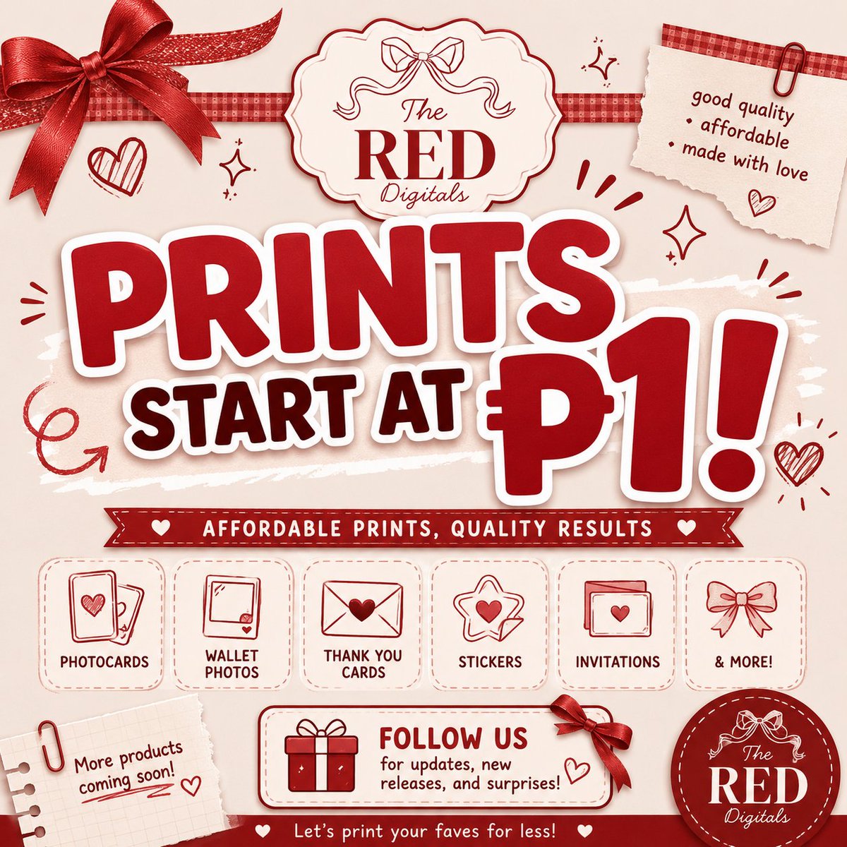 thereddgtls's tweet photo. PRINTS START AT ₱1?! YES, YOU READ THAT RIGHT!

- Photocards
- Wallet Photos
- Thank You Cards
- Freebie Stickers
- Invitations
- ...and more!

Affordable prints, quality results, and more products coming soon! 

📌Follow for updates, new releases, and a surprise giveaway soon! https://t.co/DuUC0U8EAf