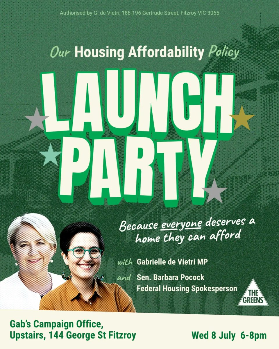 ellensandell's tweet photo. But there is a better way.

Tomorrow night, Wed 8 July, we're launching the Victorian Greens' plan to make housing affordable with @BarbaraPocock &amp; Gabrielle de Vietri MP.

Because you deserve a home you can afford - we all do. https://t.co/0FIchwvD4F