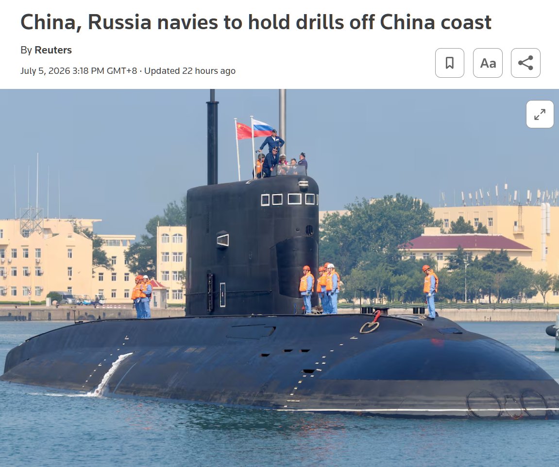 StarboySAR's tweet photo. 📢 Reuters: “China & Russia hold naval drills off Qingdao plus follow-on Pacific patrols”

As usual, Reuters forgets the context: a US alliance "kill‑chain festival" of 3 overlapping drills is taking place at the same time: RIMPAC the biggest U.S. alliance fleet show ever off Hawaii; Overlapping with Valiant Shield 26 + Resolute Dragon war‑games directly on China’s doorstep

Washington does the encirclement and actual war preparation, Reuters reports only on the “reaction” Neat division of labour

Every time Washington runs its "drills" and expands AUKUS/QUAD logistics and calls it “stability,” it’s “defence cooperation” 🤡

 When China and Russia do scheduled drills off China’s coast, it’s suddenly “escalation.” The reality: this is signalling — to Tokyo, Manila, Canberra and the Pentagon — that the Pacific isn’t a private American swimming pool with a NATO lifeguard. And yes, China's sub nuclear missile test and DF-17 demos are the punctuation marks
https://t.co/A5peF8WpHc