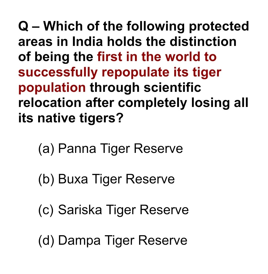 UPSC_mantra_'s tweet photo. π¨ World's first reserve to successfully repopulate its tiger population through scientific relocation
#EnvironmentMantra #ProjectTiger https://t.co/KrHZtxcaL3