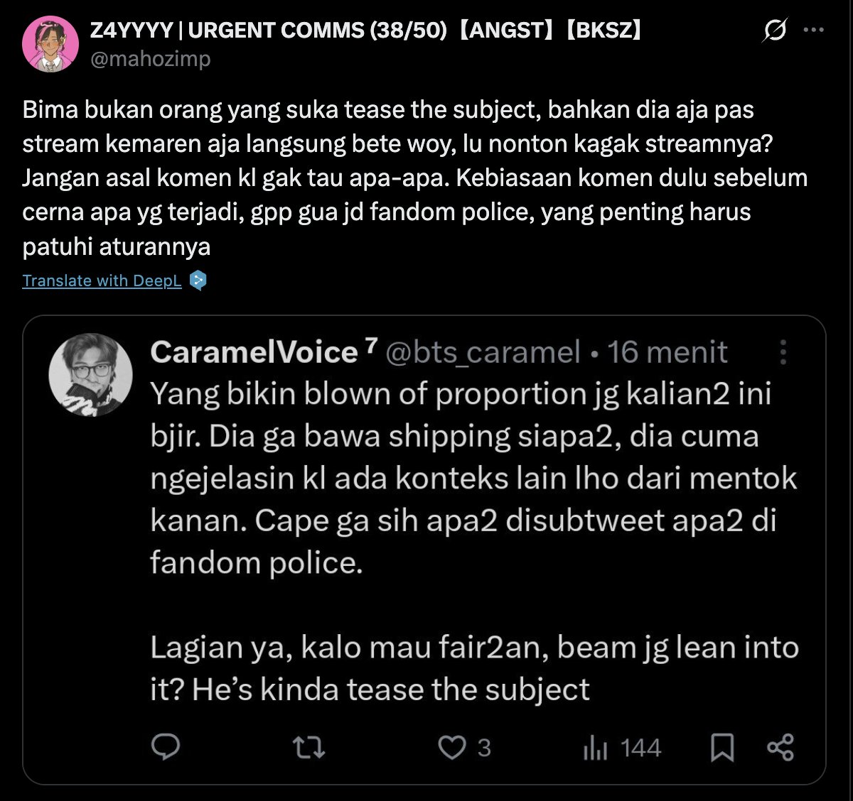 bts_caramel's tweet photo. Kebiasaan bgt org langsung blok doang ga mau discuss. rnb rnb seneng amat witchhunt orang ga belajar dari kasus yg udah2. Heh, yg ga nonton lu kali. Enteng amat nuduh2 orang padahal yg ga analitis tuh lau. 

Pertama, mentok kanan mentok kiri itu term yg super familiar bgt- https://t.co/izlxiJWbNu