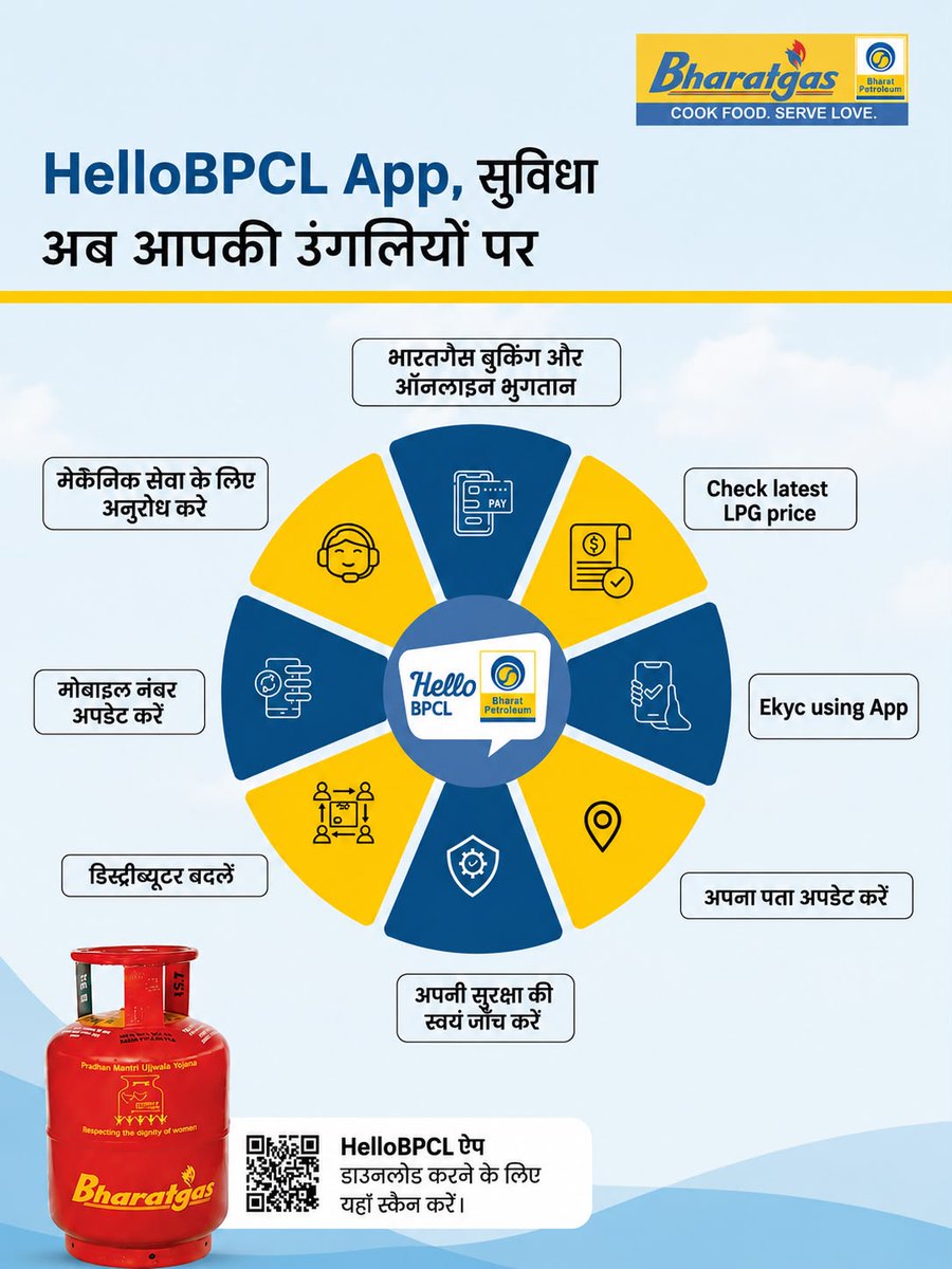 udaipurlpg85345's tweet photo. HelloBPCL ऐप के साथ Bharatgas की सभी सेवाएं अब आपकी उंगलियों पर—LPG रिफिल बुक करें, ऑनलाइन भुगतान, कीमत जांचें, eKYC पूरा करें, डिस्ट्रीब्यूटर बदलें और मैकेनिक सेवा का अनुरोध करें। अभी डाउनलोड करें।

@BPCLimited @BPCLLPG @PetroleumMin @HardeepSPuri @Secretary_MoPNG #Bharatgas https://t.co/JxXXQW10dY
