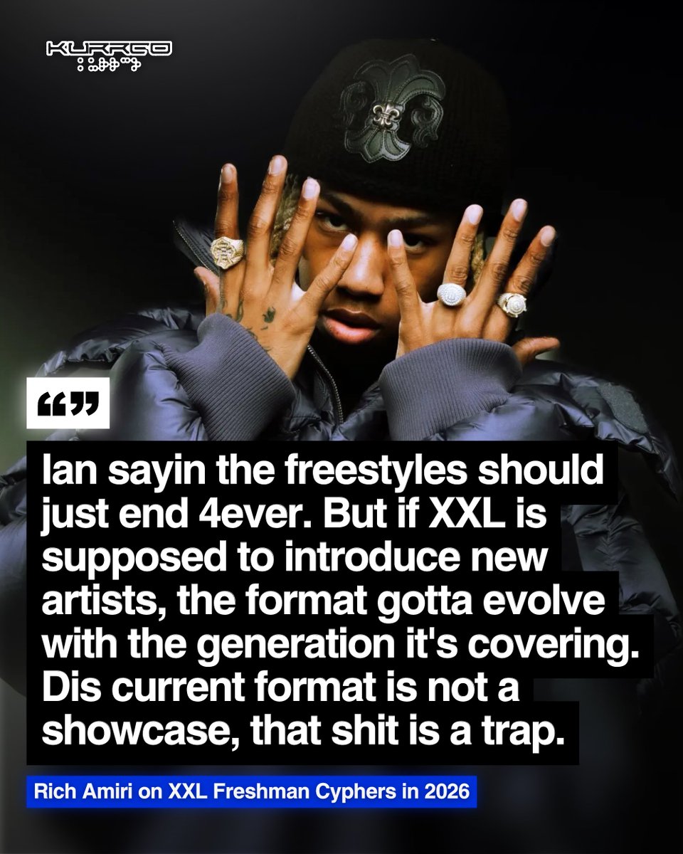 Kurrco's tweet photo. Rich Amiri says XXL Freshman Cyphers in 2026 are a "trap":

"If XXL is supposed to introduce new artists, the format gotta evolve with the generation it's covering.
Dis current format is not a showcase, that sh*t is a trap." https://t.co/xAT17PJvdY