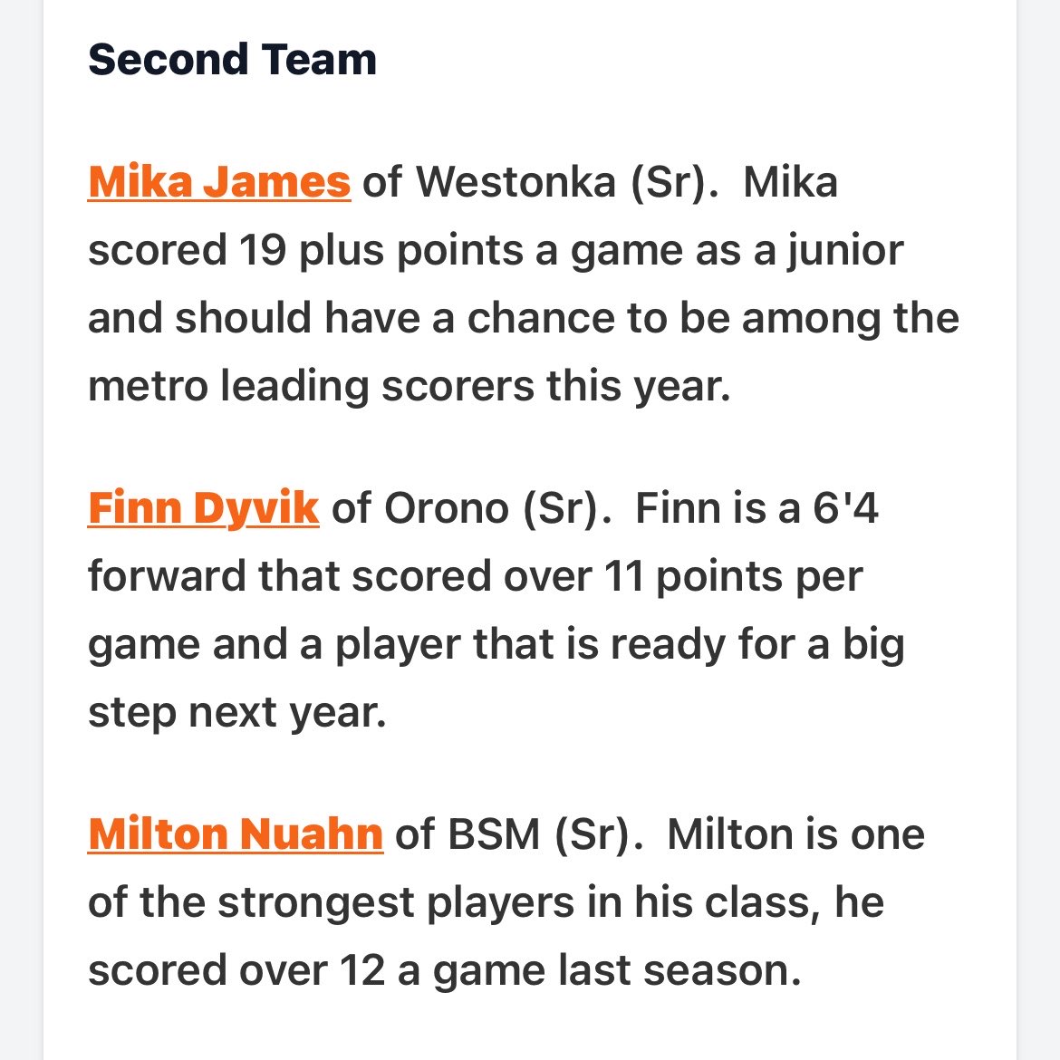 FinnDyvik's tweet photo. Thank you Ryan James for the write up. I’m extremely excited to compete with these guys at a high level next season. 
@barry_wohler @CoachRunka @oronomensball @RyanJamesMN @granthansen_11 @Gdoherty_24 https://t.co/lXCQnzaFO4