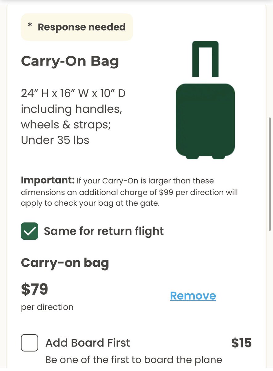ryansongalia's tweet photo. .@FlyFrontier has to be the trashiest of airlines. They’re really trying to charge $80 PER DIRECTION for a carry-on bag. Absolutely disgusting, usurious behavior https://t.co/RvaOfkvYNj