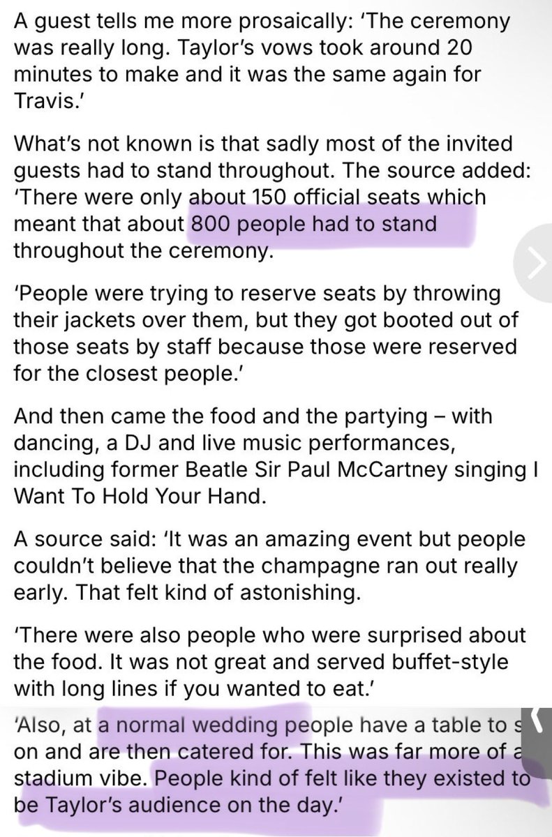 kristle_dreams's tweet photo. No bc why else would she make a ton of people she barely knows stand for the whole ceremony,  then stand in a huge line for mid food 😭  

they even go as far as to say it wasn’t a “NORMAL” wedding, and that they “felt like they existed to be Taylor's audience on the day”!! https://t.co/o4dq1RVx5r
