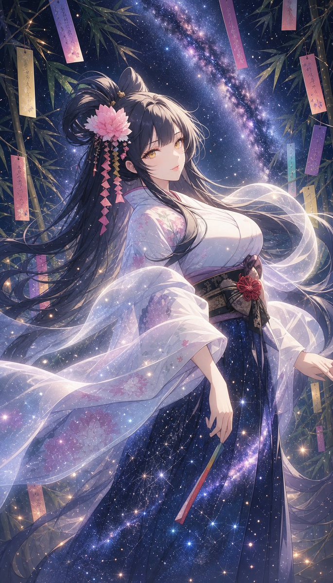 昨日は七夕だったね！🎋 幻想的な星空と織姫風の衣装がきれいだね