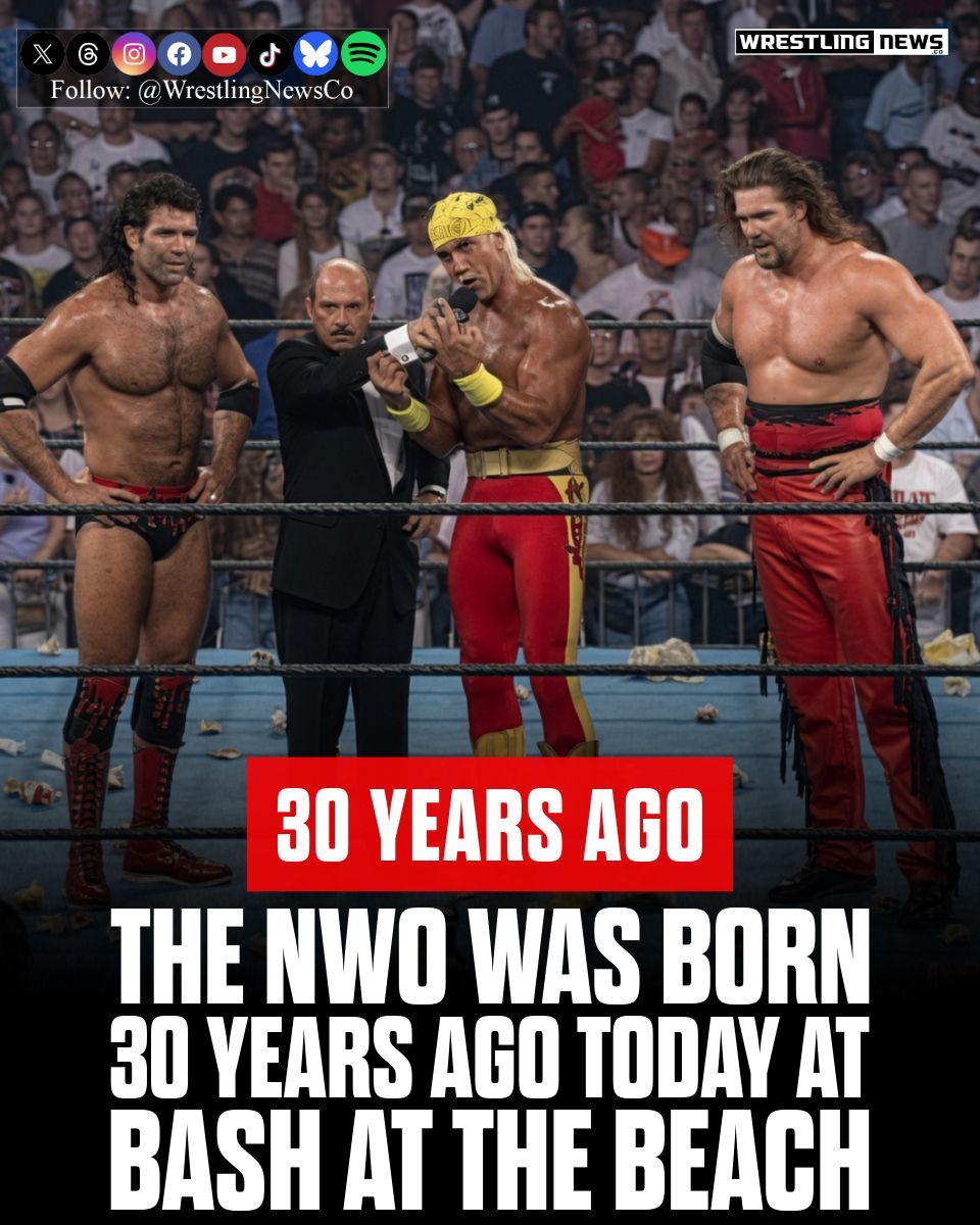 WrestlingNewsCo's tweet photo. July 7, 1996

On this date in 1996, Hulk Hogan turned heel and the New World Order was born at WCW Bash at the Beach in Daytona Beach, Florida. 

The Outsiders, Scott Hall and Kevin Nash, had promised a mystery partner for their six-man tag team match against Sting, Randy Savage, and Lex Luger. Hogan walked out late in the match, dropped his leg across Savage, and revealed himself as the third man.

Fans flooded the ring with garbage as Hogan told Gene Okerlund that he, Hall, and Nash were “the new world order of wrestling.” The turn transformed Hogan into Hollywood Hogan, launched the most influential faction in wrestling history, and powered WCW to 83 consecutive weeks of ratings wins over the WWF in the Monday Night Wars.

#HulkHogan #nWo #WCW #WrestlingHistory #OnThisDay