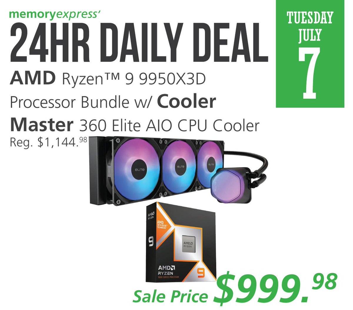 MemoryExpress's tweet photo. #24hrDailyDeal:
This #AMD Ryzen™ 9 9950X3D Processor Bundle includes #CoolerMaster 360 Elite AIO CPU Cooler. Get Next-Gen AMD performance with fluid dynamic design provides maintenance-free, low-noise cooling.
Get today's 24hr Daily Deal for $999.98!
https://t.co/POEUN2e6v6 https://t.co/pjiQ8rTlD2