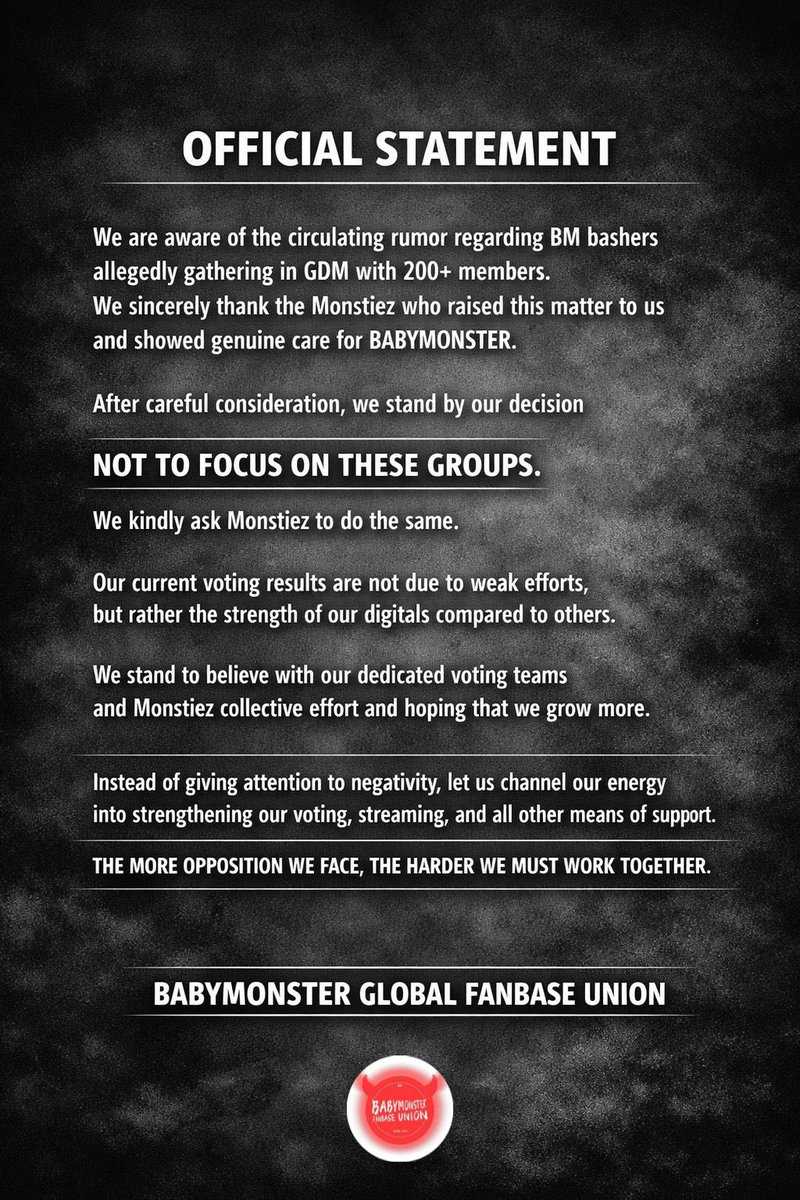 BABYMONUNION's tweet photo. 📢 BM UNION OFFICIAL STATEMENT 
 
We are releasing this statement for all monstiez especially those who message us about it:
 
_________________________

Let's focus on our goals for BM and let's work together as a team. Let's trust our voting teams and let's trust each other! 💪 https://t.co/9SLQB12dZY