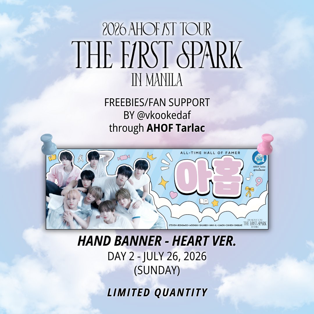 vkookedaf's tweet photo. won't be able to attend the first spark in manila but the admins of AHOF Tarlac are kind enough to give away free banners for me! 🥰

- 1:1 only
- 🔁 &amp; ❤️ to spread
- 🕑 &amp; 📍 tba
- following @AHOFTarlac on x and fb would be appreciated! 🙏

#THE_FIRST_SPARK_IN_MANILA
#AHOF #아홉 https://t.co/uypsMjJw95