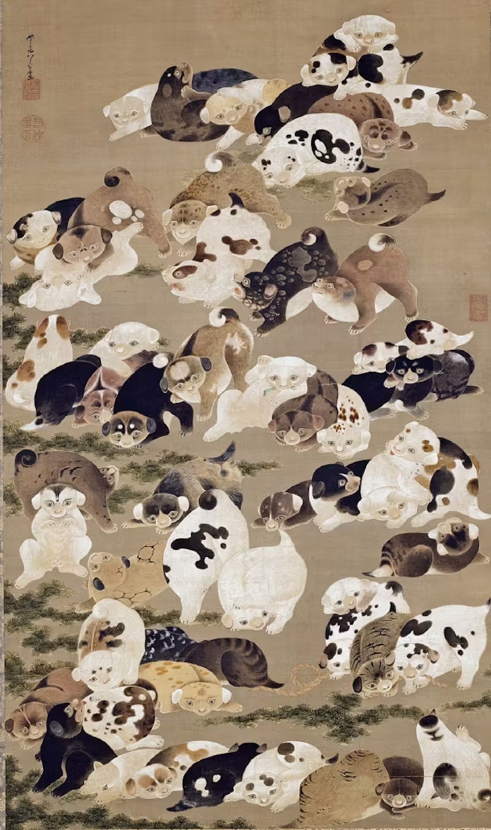 NihonBijutsushi's tweet photo. 伊藤 若冲　いとう じゃくちゅう　Itō Jakuchū　1716–1800

《百犬図》
ひゃっけんず

18世紀後半・江戸時代
絹に彩色・掛軸
個人蔵 https://t.co/hhZ6bNU9FB