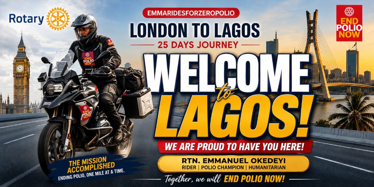 EmmaRidesPolio's tweet photo. Rtn Cpt Olatunji Emmanuel arrives in Lagos after a successful 25 days Overland trip across 12 countries, in 2 continents.

#endpolionow
#emmaridesforzeropolio
#LivingForTheSakeOfOthers https://t.co/EDzjjSAve4