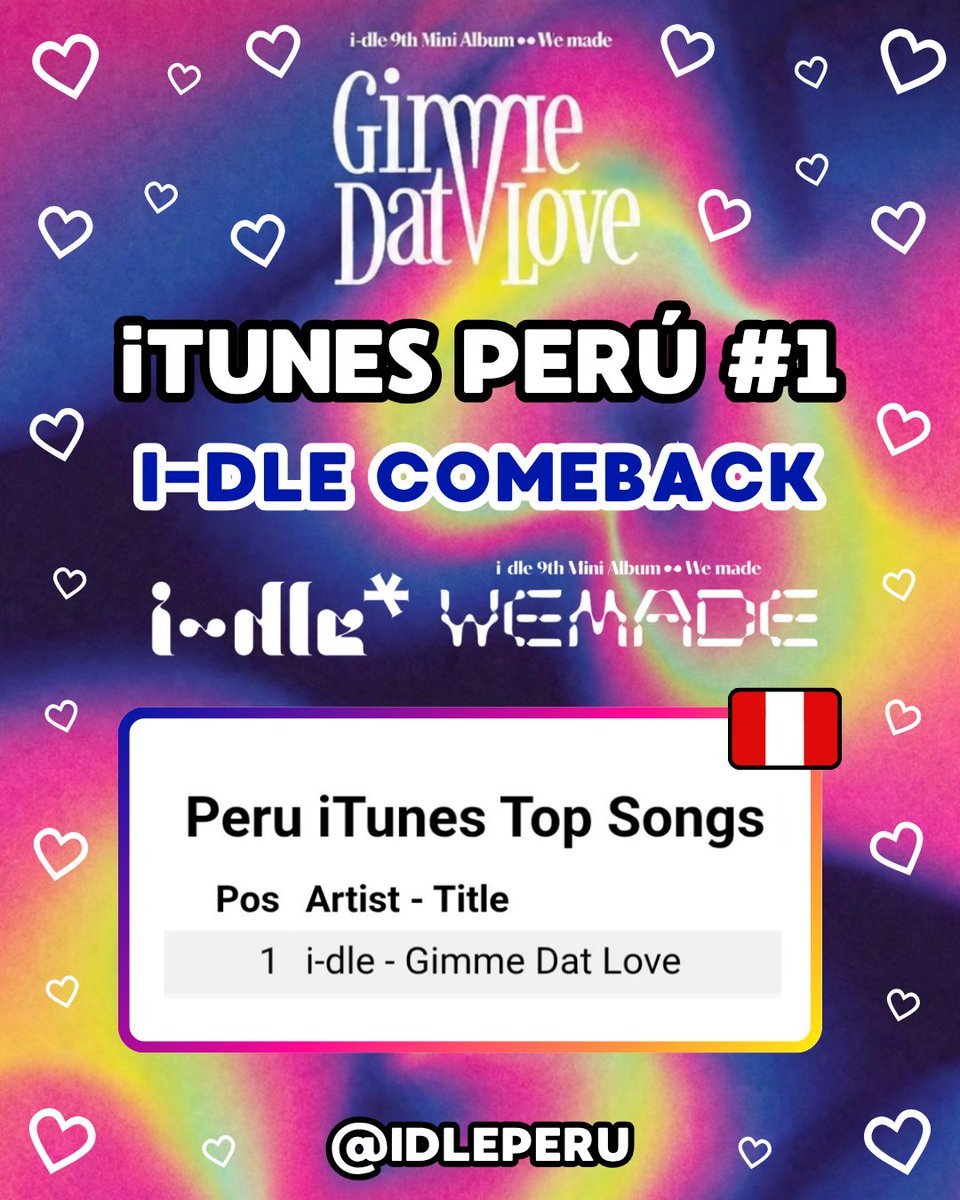 IDLEPERU's tweet photo. "𝗚𝗶𝗺𝗺𝗲 𝗗𝗮𝘁 𝗟𝗼𝘃𝗲" has reached #1 Peru iTunes🇵🇪

🇵🇪 iTunes Peru Song
#1. 𝗚𝗶𝗺𝗺𝗲 𝗗𝗮𝘁 𝗟𝗼𝘃𝗲 —  𝗜-𝗗𝗟𝗘

💜Thank you Neverlands for all your support!

— La canción logró Top #1 iTunes Peru🇵🇪🥳👏🎉

#아이들 #idle #We_made #Gimme_Dat_Love @official_i_dle https://t.co/7wH1JV2YRB