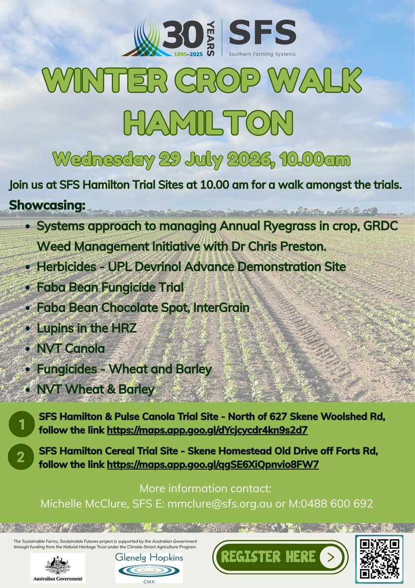 SouthernFS's tweet photo. 🚜 See the latest trial results in the paddock at the SFS Hamilton Winter Crop Walk.
📅 29 July 2026
⏰ 10:00am
Featuring NVT crops, fungicide trials, herbicide demos and annual ryegrass management research.
🔗https://t.co/2rZ9Ioicuc
#Agriculture #Cropping #HamiltonVic 🌾 https://t.co/Bmmc2yqkSk