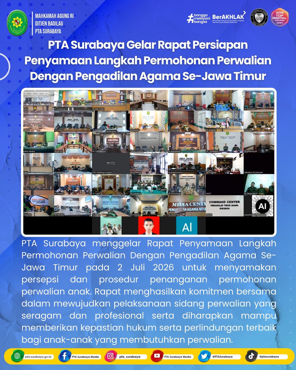 PTASurabaya's tweet photo. PTA Surabaya Gelar Rapat Persiapan Penyamaan Langkah Permohonan Perwalian  Dengan Pengadilan Agama Se-Jawa Timur

Selengkapnya: https://t.co/pBmvvqbcE8 https://t.co/oPxvYfVwJJ