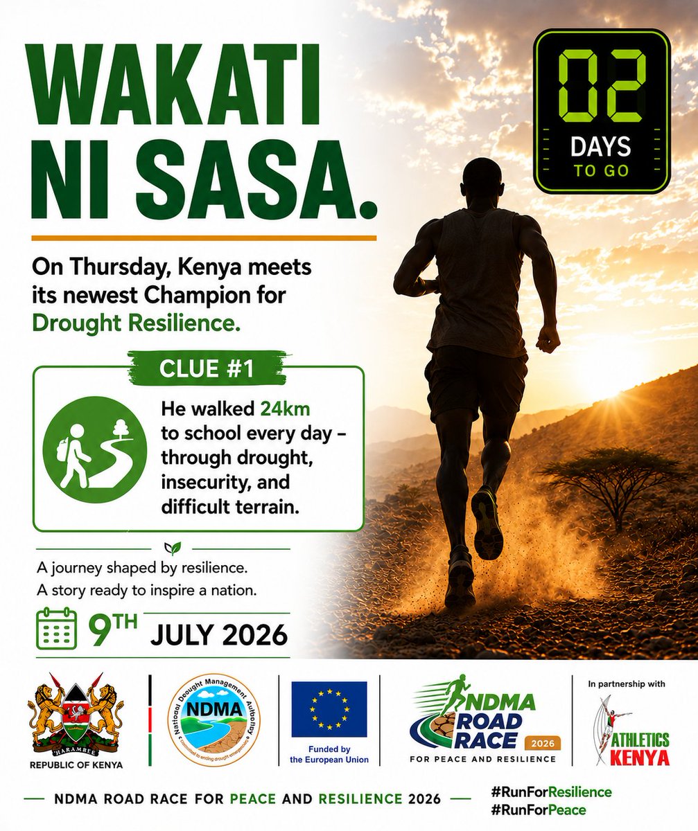NDMA_Kenya's tweet photo. Some champions are shaped long before they cross the finish line.
He walked 24 km to school every day through drought, insecurity and difficult terrain.
Can you guess who it is?
#WakatiNiSasa #RunForResilience #NDMARoadRace
#EndingDroughtEmergencies https://t.co/MBqNtsNZMn