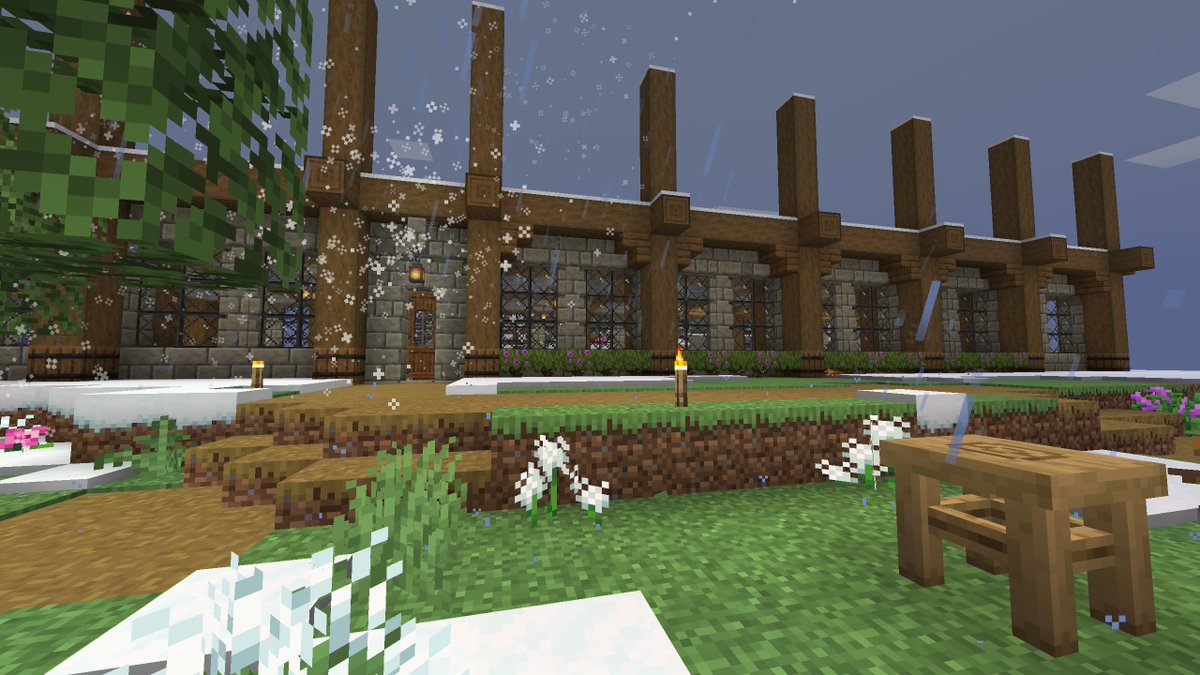SinabonVT's tweet photo. What do ya think? I finally started working on the 🌿greenhouse in Minecraft now that the 🍷wine cellar is complete.

The snow is proving to be a real pain while building. I even had to turn my shaders off. https://t.co/0DERcEBH1U