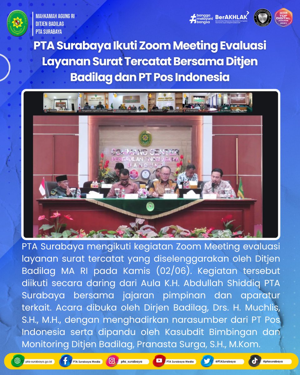 PTASurabaya's tweet photo. PTA Surabaya Ikuti Zoom Meeting Evaluasi Layanan Surat Tercatat Bersama Ditjen Badilag dan PT Pos Indonesia

Selengkapnya: https://t.co/14QvhYTD70 https://t.co/ZmIxRolfVE