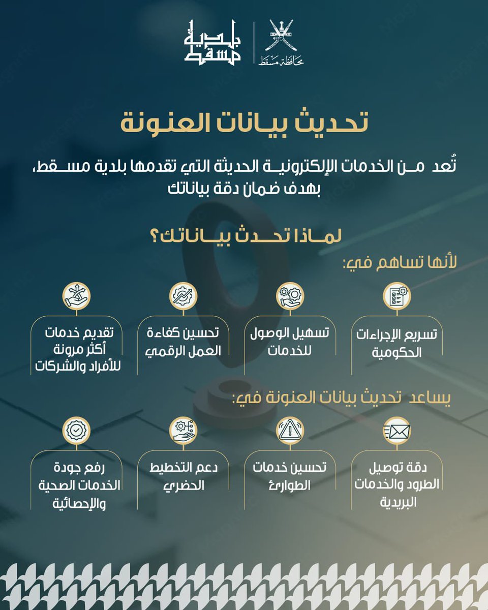 M_Municipality's tweet photo. عنوانك المحدث… خدمات أسرع وأكثر دقة.
احرص على تحديث بيانات عنوانك للاستفادة من خدمات حكومية أكثر كفاءة، وتعزيز سرعة الوصول للخدمات وتحسين جودة تقديمها.

#بلدية_مسقط
#مسقط_مستدامة_مزدهرة
#مسقط_بكم_أجمل https://t.co/wtbJ0j7ifQ
