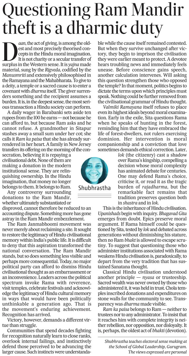 vijaydeojha's tweet photo. Ram Mandir was built on faith, sacrifice and civilisational memory. To demand integrity from those entrusted with Ram’s wealth is not dissent; it is dharma. Even her anger is not without elegance. Read @Shubhrastha https://t.co/vsuKxAPDL6