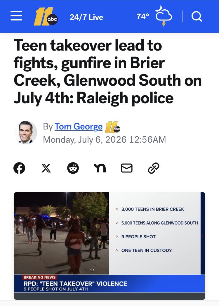 NatCon2022's tweet photo. Nine shot during post-fireworks “teen takeover” in Raleigh, NC.

No fatalities.

By “teens,” they mean Blacks. https://t.co/dmQynr7QVJ