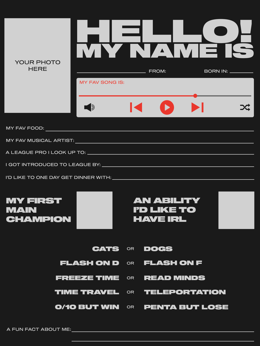 lolesports's tweet photo. IT'S YOUR TURN NOW:

Drop your own filled-out profile page in the replies below! 📕 https://t.co/kKrkS1Su0d
