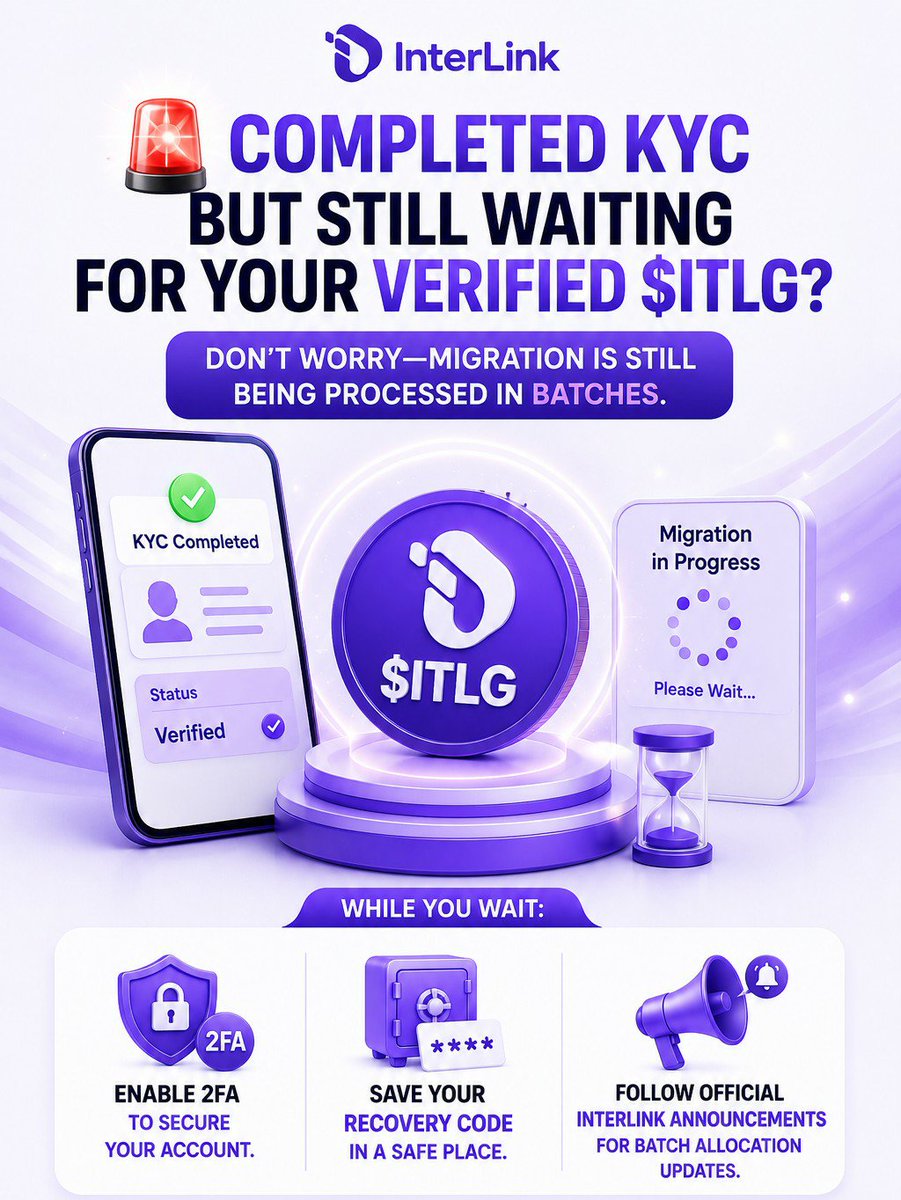 InterlinklabsEt's tweet photo. 🚨 Completed KYC but Still Waiting for Your Verified $ITLG?

Don't worry—migration is still being processed in batches.

While you wait:

✅ Enable 2FA to secure your account.
🔐 Save your recovery code in a safe place.
📢 Follow official InterLink announcements for batch allocation updates.

Stay patient, stay secure, and avoid rumors. Your batch may be next.

#InterLink #ITLG #ITL #ITLX