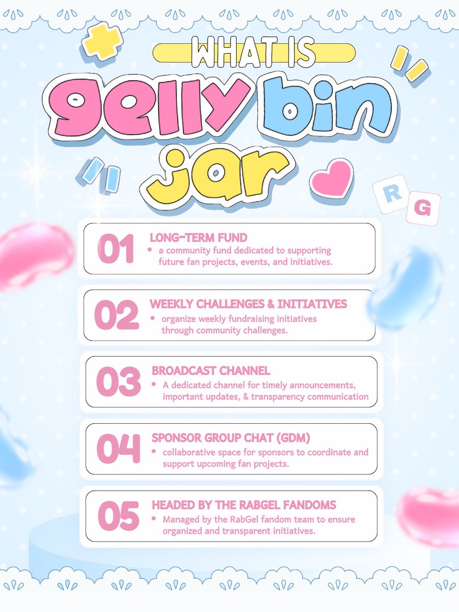 RABGELOFC_'s tweet photo. Dear Gellybins,

We’re excited to introduce the Gellybin Jar—our official community fund dedicated to supporting RabGel through fan projects, surprises, promotions, and future initiatives that celebrate their journey.

The Gellybin Jar is made possible by the collective efforts of our fandom leaders and the entire Gellybin community. To ensure transparency, we’ll be sharing regular updates, financial reports, and fund utilization through our official broadcast channel, so everyone stays informed every step of the way.

As RabGel continues to reach new milestones, we hope to grow alongside them as one united fanmily. Every contribution, no matter the amount, helps turn our shared love and support into meaningful projects.

Together, let’s continue creating unforgettable moments for RabGel—with love, unity, and transparency.

Every drop fills the jar. Every Gellybin makes a difference. 🩵🩷

Broadcast Channel: https://t.co/6c2ponSnNC