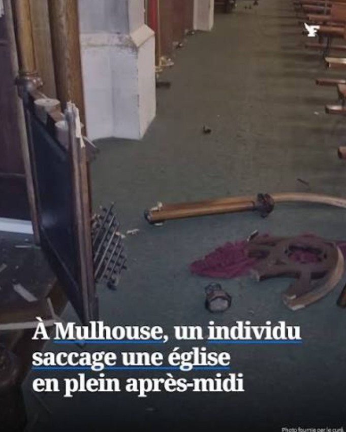 gauchecaca's tweet photo. Une église de Mulhouse a été vandalisée mais vu qu'il ne s'agit pas d'une mosquée, seuls certains médias en parlent.
Le responsable ayant été interpellé, on aimerait connaître rapidement son profil.

Marginal déphasé ou membre de la religion à l'éternel joker psy? 
Ou les deux? https://t.co/TicNbVBW2E