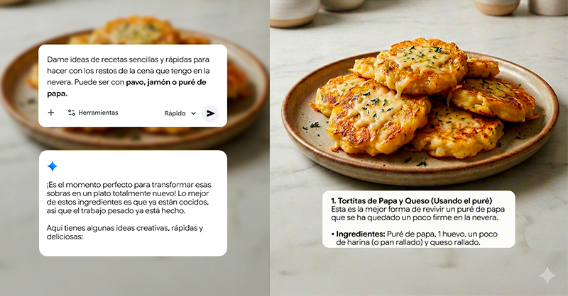 googleespanol's tweet photo. ¿Nevera llena de sobras y cero ganas de pensar qué cocinar? 🧐🥣 

Transforma tu comida de ayer en un plato nuevo en minutos con este prompt:

"Dame ideas de recetas sencillas y rápidas para hacer con los restos de la cena que tengo en la nevera. Puede ser con pavo, jamón o puré de papa"

Pruébalo en Gemini y dinos qué te recomendó. 🍽️👇