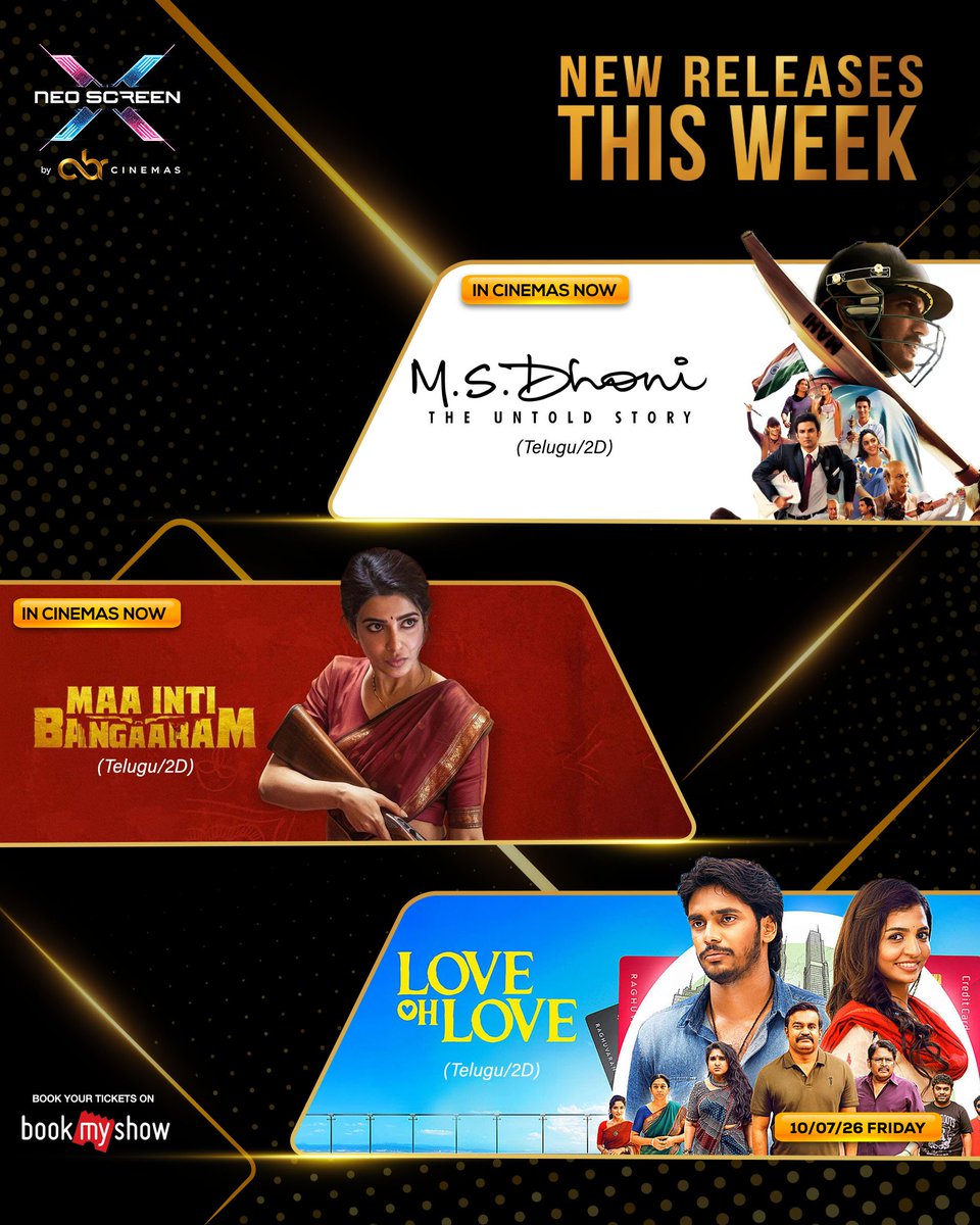 AbrCinemas's tweet photo. π¬ This Week New Releases at Neo Screen X by ABR Cinemas β¨
β¨ Luxury Seating | π Dolby Atmos | π₯ Stunning 4K Projection
Book Your Tickets ποΈ - https://t.co/B5kP3kIv9q
#NeoScreenX #ABRCinemas #NewReleases #Lenin #EvilDeadBurn #MSDhoni #MaaIntiBangaaram https://t.co/KRswFosOMd