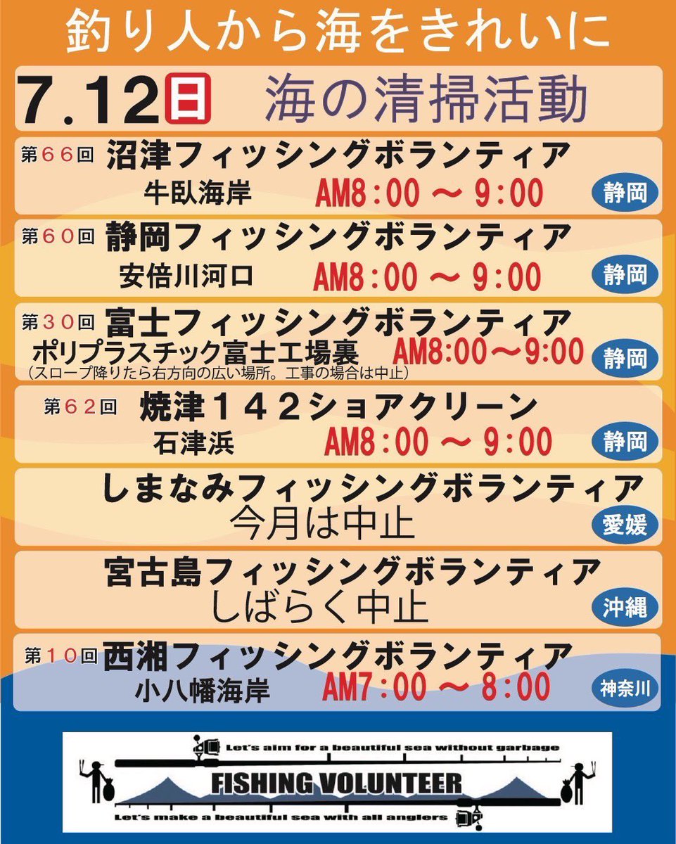 chiisama_wh's tweet photo. 【お知らせ】
7月12日（日）はフィッシングボランティアの清掃活動の日です✨

釣り人だけでなくご家族連れ、学生さんなどどなたでもご参加頂けます🙇‍♂️

⚠️各場所開催日、お時間のお間違えの無い様ご確認下さい🙌

沼津は牛臥海岸になります！
集合場所は【沼津御用邸記念公園 第3駐車場】です🙌 https://t.co/6UlzTiBe0c