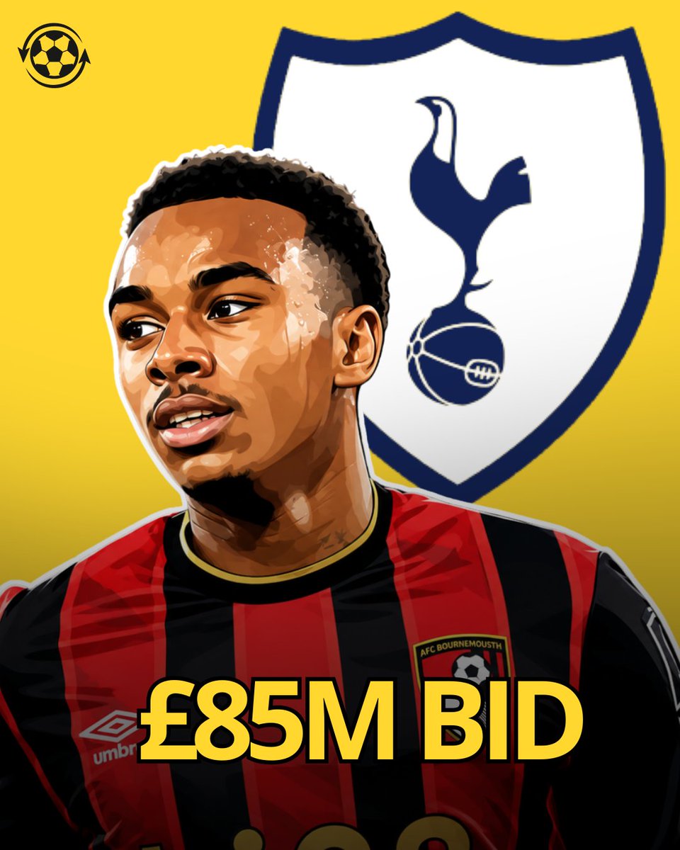 DeadlineDayLive's tweet photo. 🚨 Tottenham Hotspur are preparing an £𝟴𝟱𝗠 𝗕𝗜𝗗 for Bournemouth forward Eli Junior Kroupi.

Spurs want to test Bournemouth's stance, with the Cherries insisting the 20-year-old is not for sale.

Arsenal are also interested in Kroupi after his 13-goal Premier League season.

(Source: @talkSPORT)