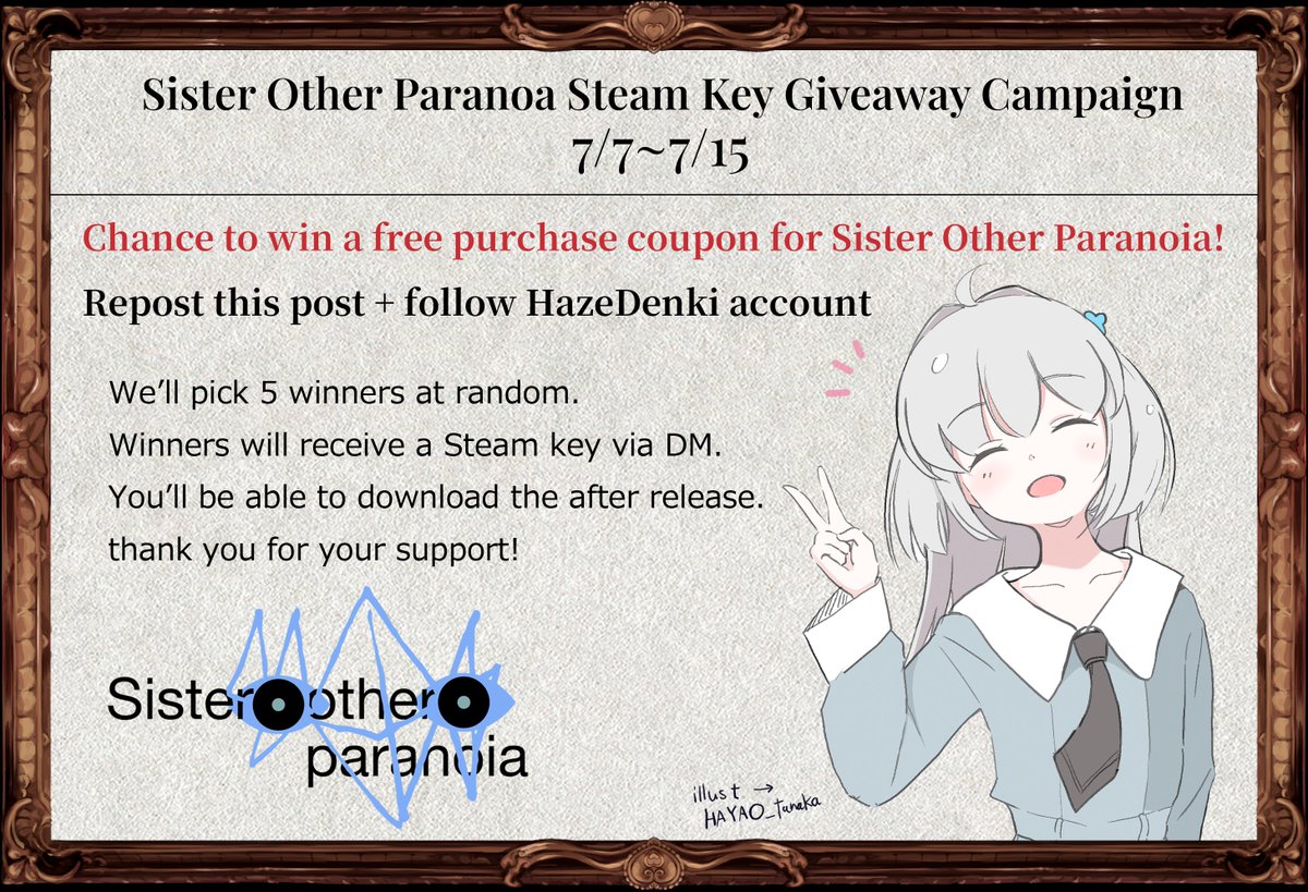 hazedenki's tweet photo. 【One Month Until Release! Repost Campaign】

Repost this post + follow our account for a chance to win a free purchase coupon for ""Sister Other Paranoia!""

Check the image for details !!! https://t.co/MqvejF3vKu