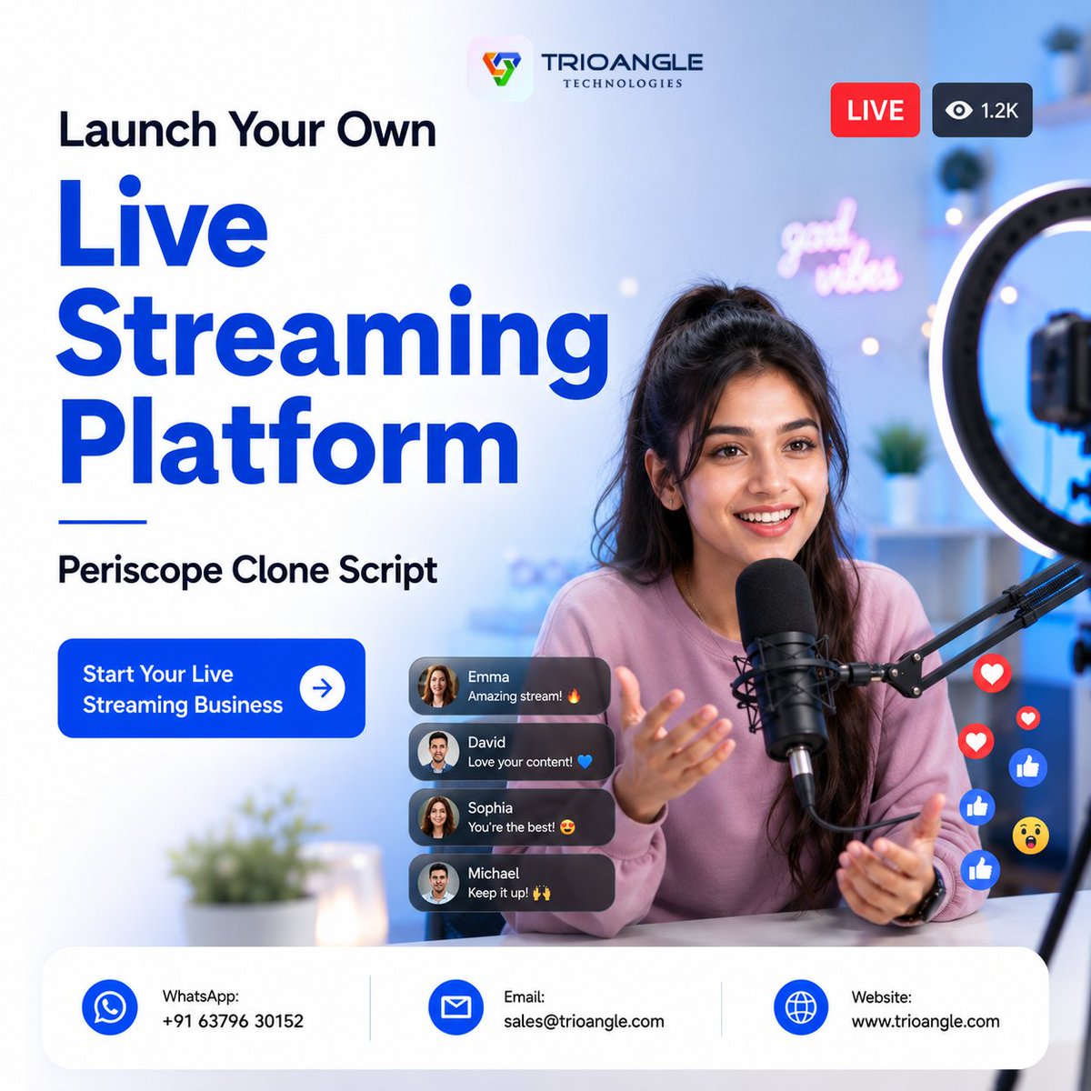 Trioangle's tweet photo. Build your own live-streaming app like Periscope. Real-time broadcast, live chat, gifting, and trending discovery, fully white-labeled and ready to scale
🚀 https://t.co/tflbAP90ES
#PeriscopeClone #PeriscopeCloneScript #LiveStreamingApp #LiveStreamingPlatform #LiveBroadcast https://t.co/g6NmBCANdd
