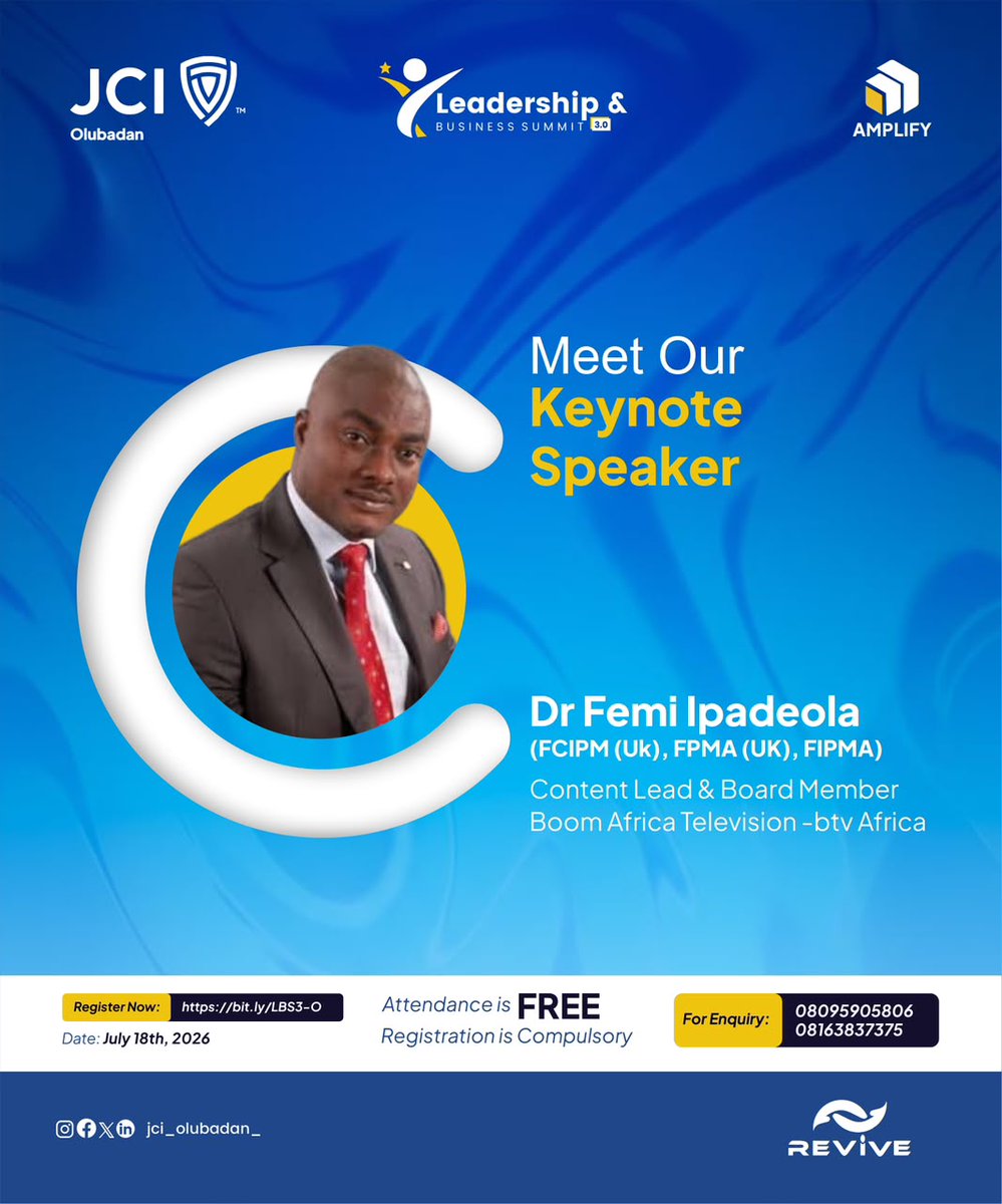 JCIOLUBADAN_'s tweet photo. Meet our Keynote Speaker: Dr. Femi Ipadeola. Former Acting Rector, The Polytechnic, Ibadan. This is a man who knows exactly how to manage people, build systems,and run massive institutions.
Register now via: https://t.co/idc75se9IJ

Attendance is FREE!
Registration is COMPULSORY! https://t.co/buuWi1S8An