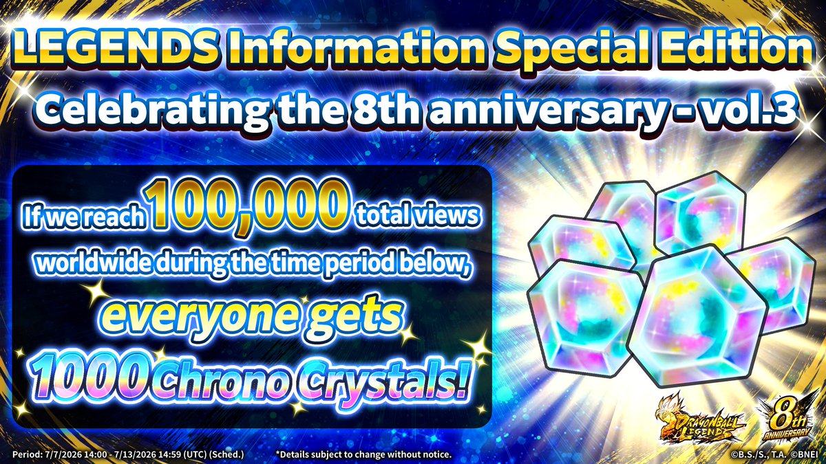 DB_Legends's tweet photo. [Premieres 7/7 14:00 (UTC)!]

If LEGENDS INFORMATION Special Edition Celebrating the 8th Anniversary - Vol. 3 hits 100,000 views, get 1,000 Chrono Crystals!

Character info reveal right from the start!
Don't miss it!

▼Watch here!
https://t.co/hS7zRkJJtd

#UnpredictableDBL8th https://t.co/hEpMqoxdH5