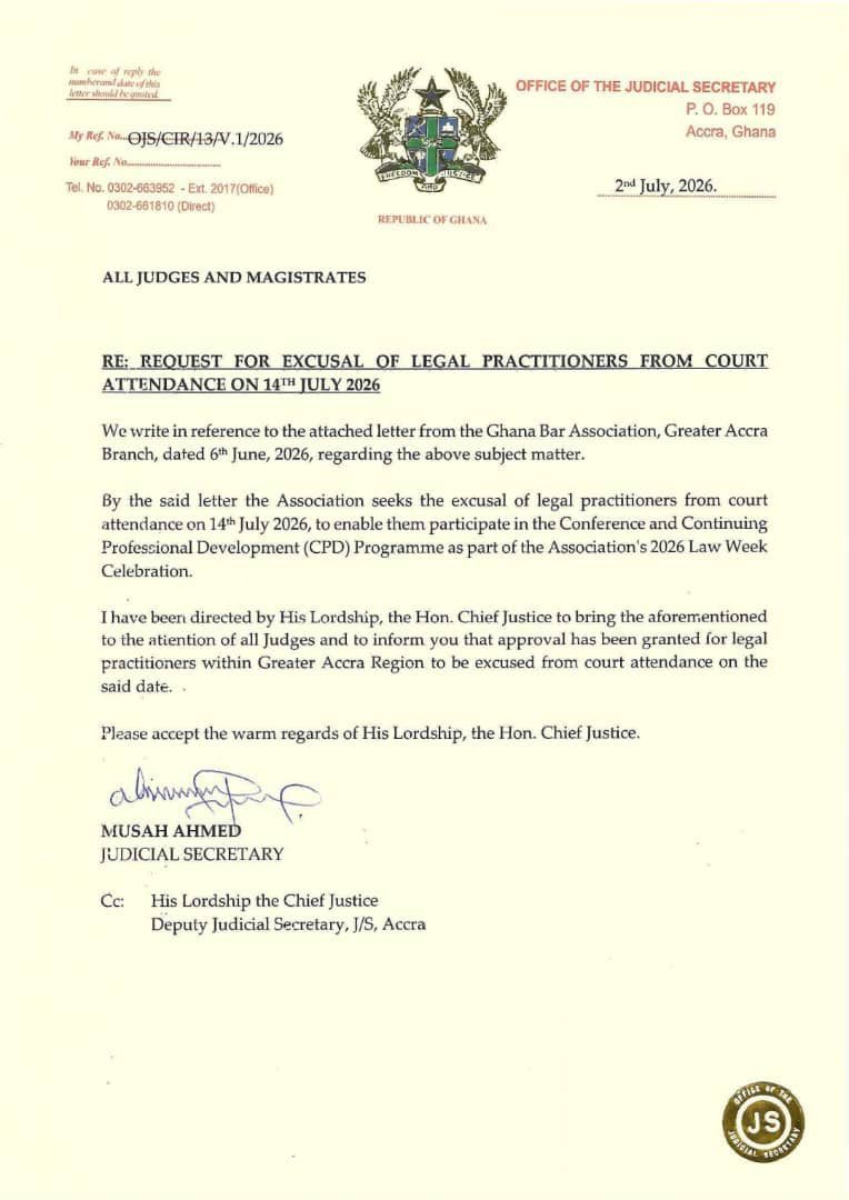 DonkorST's tweet photo. Judges are paid to serve the state.
Lawyers receive a client's money to diligently and expeditiously pursue their cases.

However, in Ghana, where cases are delayed for years, the Chief Justice is able to excuse all lawyers from appearing in court for an entire day simply because a so-called lawyer’s association has a conference and a CPD program? 

I wonder who gave the Chief Justice these powers? Definitely not the 1992 Constitution.
And I wonder why CPD cannot be done on weekends or virtually, or on such repeated occasions, for lawyers to participate in their free time.

So much absurdity has been normalized in Ghana.