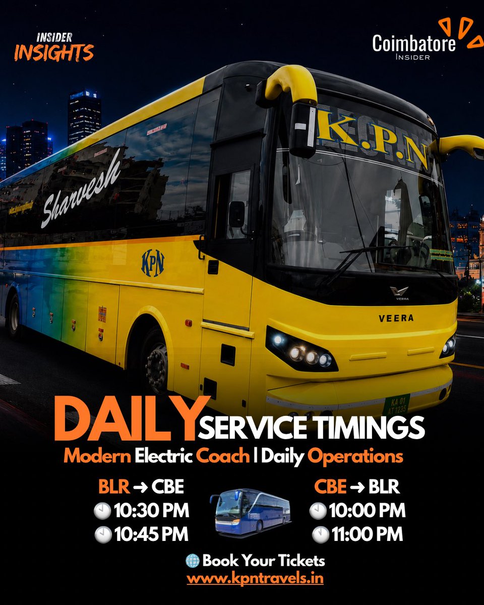 TheCbeInsider's tweet photo. 🚌 KPN Travels is back! ❤️

One of South India’s most iconic private bus operators has officially returned to the Coimbatore ↔ Bangalore route after a long break.

Now operating with a modern electric coach between the two cities.

🕙 Daily Timings

📍 Bangalore → Coimbatore
• 10:30 PM
• 10:45 PM

📍 Coimbatore → Bangalore
• 10:00 PM
• 11:00 PM

🎟️ Book your tickets:
🌐 https://t.co/V8jiPTVc9F