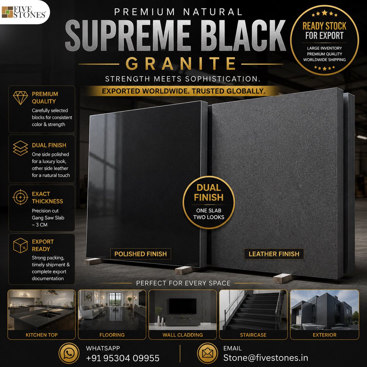 5iveStones's tweet photo. One slab. Two finishes. Supreme Black Granite with Polished & Leather Finish in 3 CM gang saw slabs. Export-quality supply for importers, wholesalers & fabricators worldwide. π² +91 95304 09955 #SupremeBlackGranite #DualFinishGranite #FiveStones https://t.co/KbFBn950X9