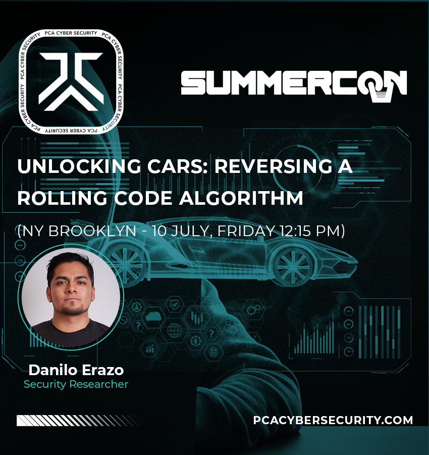 PCACyberSec's tweet photo. Heading to @SummerC0n?

Join our colleague @revers3vrything on 10 July as he presents the story behind 3 CVEs discovered in a Remote Keyless Entry system.

Learn how vulnerabilities in a widely used rolling code algorithm can be exploited! 

Don't miss it!

#Summercon #Cybersec https://t.co/JUOrigX55s