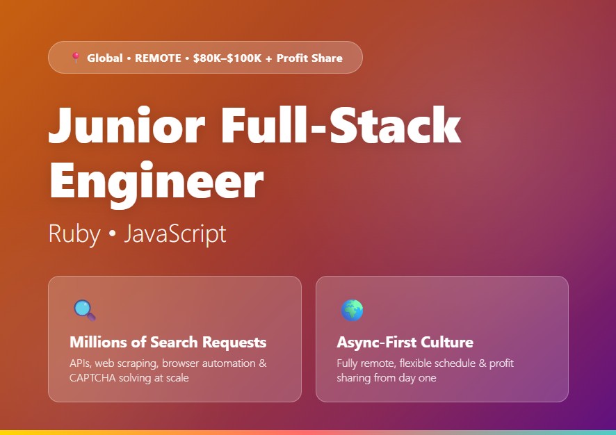 ZamDeveloper's tweet photo. 💼 Hiring Junior Full-Stack Engineer (Ruby / JavaScript) | Global Remote | $80K–$100K + Profit Share

Build and scale APIs powering millions of search requests while working in a fully remote, async-first engineering culture with worldwide hiring.

✅ Ruby on Rails, JavaScript
✅ MongoDB, AWS, Linux
✅ API development and web scraping
✅ Browser automation and CAPTCHA solving
✅ Remote-first, async engineering
✅ Profit sharing and flexible schedule