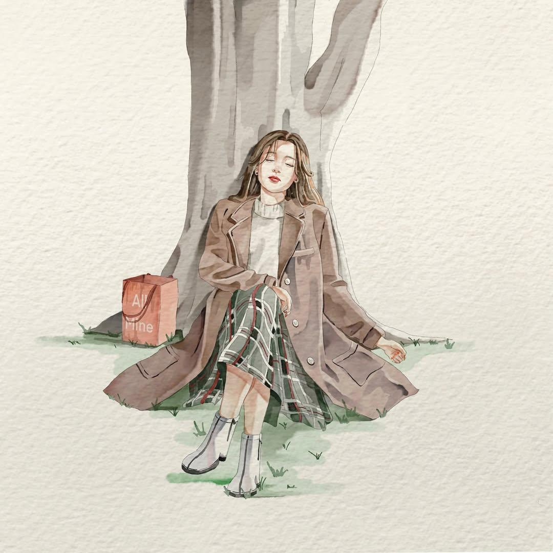 Taaruk_'s tweet photo. GPT image 2 on Chatgpt 

Prompt:
Minimalist watercolor illustration on textured ivory handmade paper, soft pastel palette, delicate ink outlines, subtle watercolor bleeding, cozy storybook aesthetic, lots of clean negative space.

A stylish young woman in modern casual clothing is the main subject, captured in a calm, emotional everyday moment. She wears an oversized trench coat or cardigan layered over soft neutral clothing, a long flowing skirt or wide-leg pants, leather loafers or ankle boots, and a simple crossbody bag. Medium-length natural hair gently frames her face.

The composition is intentionally small within the canvas, leaving generous empty space around the character. Soft expressive pose with gentle emotions, surrounded by tiny floating watercolor splashes, subtle butterflies, flowers, leaves, or seasonal elements depending on the scene.

Examples of scenes:
• Squatting beside a bouquet of blue roses while gently touching one flower.
• Standing quietly while holding a wrapped bouquet against her chest.
• Resting peacefully beneath a large tree with eyes closed.
• Reaching upward toward a single apple hanging from a tree branch while carrying a basket of freshly picked apples.

Hand-painted watercolor textures, soft shadows, elegant brush strokes, muted earthy colors, warm natural atmosphere, peaceful lifestyle illustration, Japanese stationery art style, minimal editorial illustration, whimsical yet realistic proportions, premium watercolor painting, ultra-detailed, 8K.