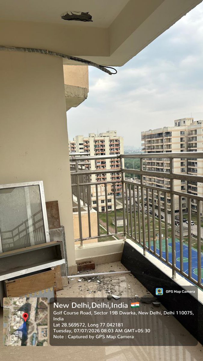 Rishishjha's tweet photo. Good morning, @official_dda.

Saturday, Sunday, and now yet another live incident today. Three consecutive days. A hat-trick of failures in a project that was marketed as a premium development.

The portion seen here detached under nothing more than wind loading. That alone should alarm every engineer. Even more disturbing, tapping the ceiling at multiple locations inside the flat produces a hollow sound, indicating possible debonding of concrete/plaster and raising serious concerns about construction quality, durability, and long-term structural performance. Imagine the fear of families living beneath these ceilings every single day.

For the past three weeks, DDA has repeatedly assured residents that investigations would be conducted. Have any forensic or structural investigations actually been initiated? Have the findings been shared? If not, why are residents still being asked to rely on assurances instead of evidence?

This is no longer about isolated repairs. It is about identifying the root cause, fixing systemic defects, and restoring confidence in a public project built with taxpayers’ money and residents’ life savings.

Every falling piece is a warning. Please don’t wait for a serious injury or loss of life before taking decisive, transparent, and accountable action.